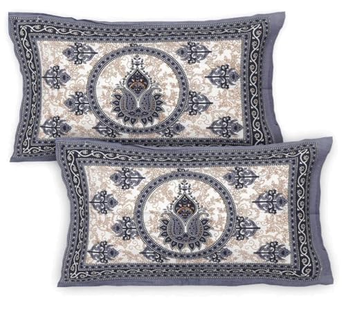 Image of Cotton Bedsheet with 2 Pillow Covers, Blue and Beige Paisley Print, Double Bed, Traditional Rajasthani Design, 235x215 cm, 3 Piece Set