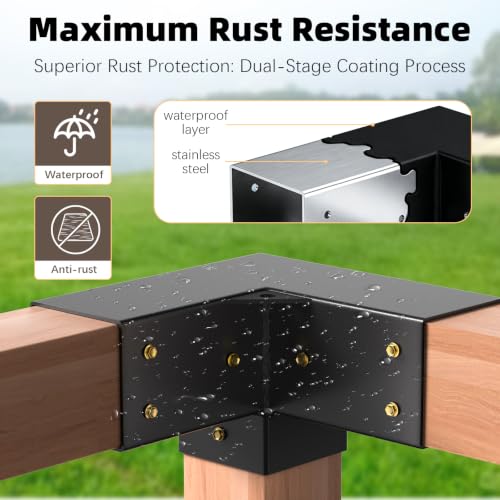 Image of Pergola Brackets, 3-Way Pergola Kit for 4 inchx 4 inch (Actual 3.5 inch X 3.5 inch) | Heavy Duty, Durable & Weather-Resistant Construction, Right Angle Corner Bracket with Black Powder Coated (4Pcs 3-Way)