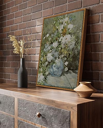 Image of ARPEOTCY Framed Canvas Print Wall Art Decor, French Vintage Flower Spring Botanical Wall Art Home Decor, Ceramic Vase Floral Oil Painting for Living Room, Office Shelf Decoration, 12x16 inch