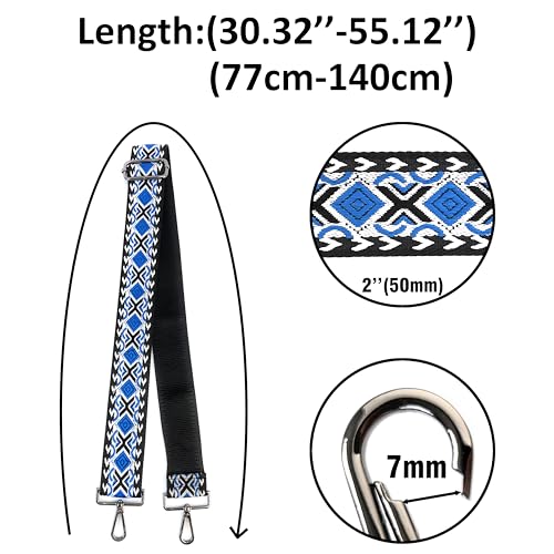 Image of Black Blue Boho Diamond Purse Strap with Gunmetal Black Hardware 2 Inch Wide Replacement Crossbody Guitar Style Shoulder Strap for Handbags Totes