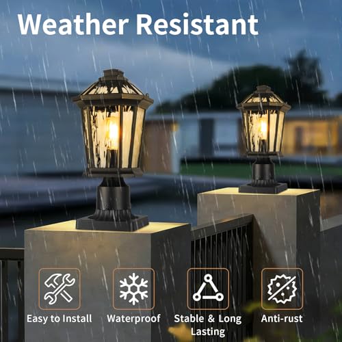 Image of JYZ Outdoor Post Lights Lamp Post Light Fixture, 14'' Pole Lantern with E26 Base 60W Max & Waterproof Aluminum Housing Plus Water Ripple Glass,Fence Post Deck Lighting for Garden, Patio, Pathway