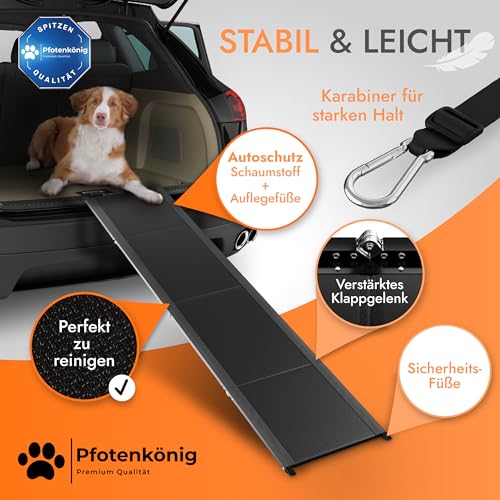 PFOTENKÖNIG Hunderampe - bis 90kg - [PLATZWUNDER] - stabile Premium Hunderampe Auto klappbar - Anti-Rutsch Hunderampe Auto aus Leicht-Alu - passt für alle Fahrzeuge