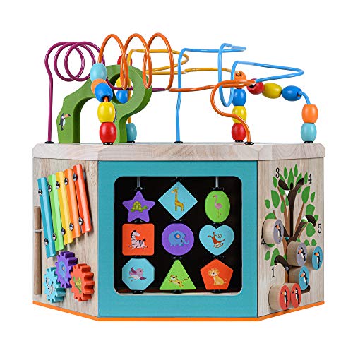 Image of Teamson Kids Preschool Play Lab 7-in-1 Large Wooden Activity Cube Station Center Bead Maze and Counting for Kids Baby Toys, Natural