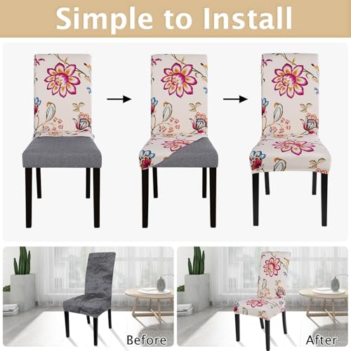 Image of SearchI Printed Dining Room Chair Covers Set of 6, Stretch Kitchen Chair Covers Washable Parsons Chair Slipcover Removable Dining Chair Protectors for Hotel,Ceremony(Flower Pattern)