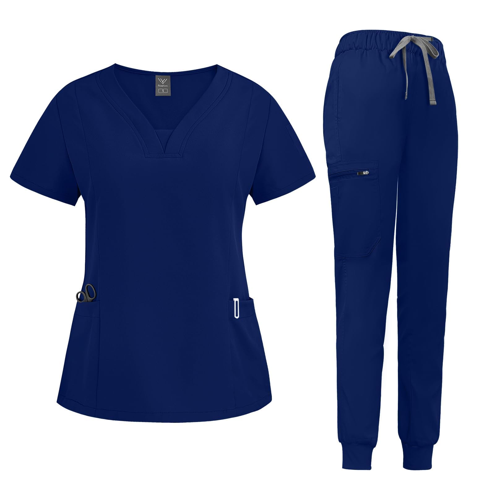 niaahinn Scrub Suit Set for Women Modern V-neck Top & Tapered Leg Jogger Pants with Drawstring Medical Nursing Uniforms Set