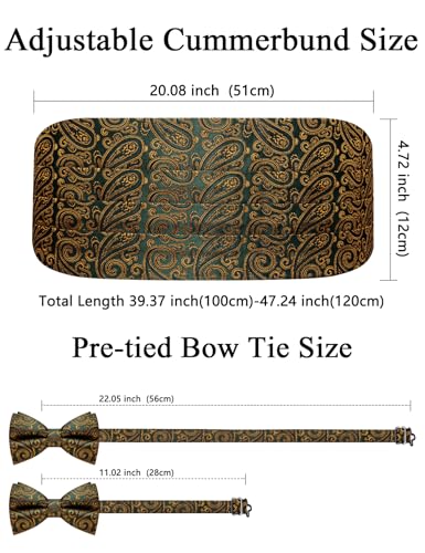 Image of Paisley Floral Tuxedo Cummerbund Bow Tie Pocket Square Set for Men | 3-piece set:cummerbund,bow tie&pocket square.Adjustable back for comfort.Silk blend,wedding,proms,black tie&formal events.