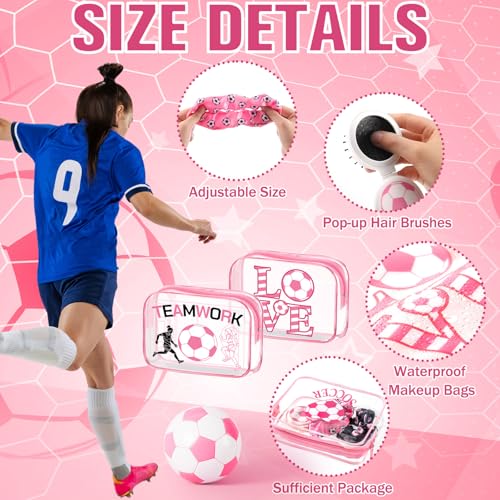 36 Pcs Pink Soccer Gifts for Girl 12 Pink Soccer Makeup Bag Bulk Cosmetic Bag Sport Team Gifts with 12 Sport Hair Scrunchies 12 Round Portable Folding Brush for Coach Team Soccer Party4