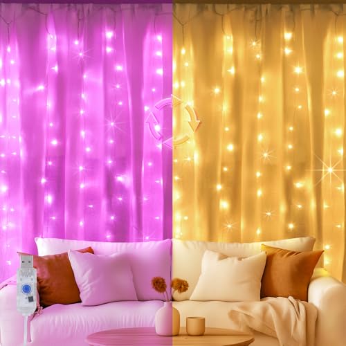 amadecohome Color Changing Curtain Lights, Pink Room Decor 8 Modes