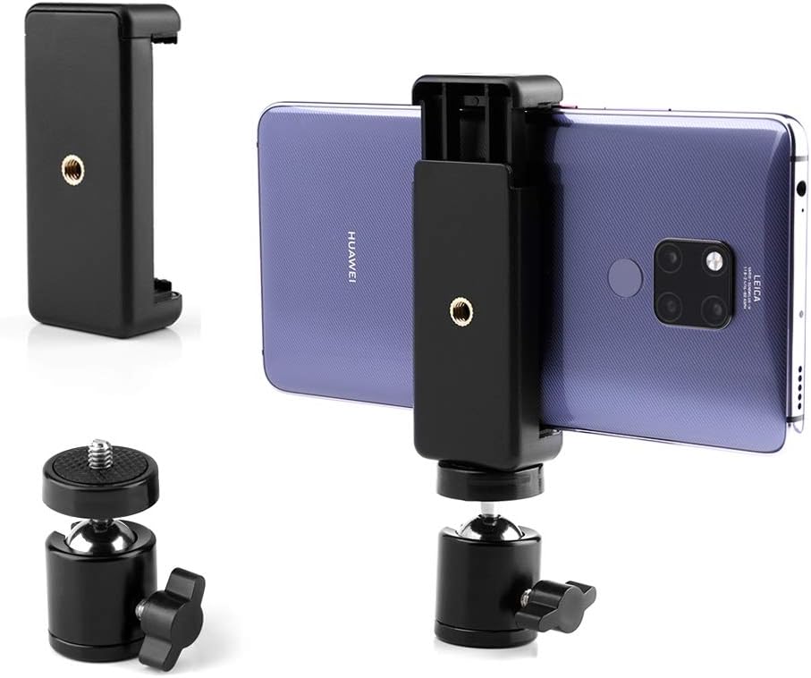 Cell Phone Holder Clip and Ball Head Adapter Set for Tripod and Selfie Stick with 1/4 Screw, Universal Tripod Mount, Camera Tripod Ball Head, 360 Degree Swivel Cell Phone Tripod Mount Set