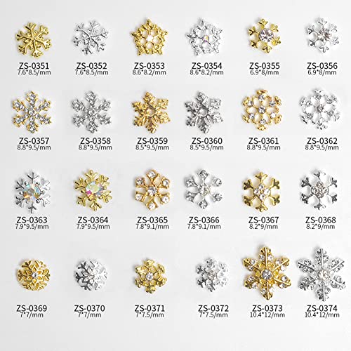 Nail Charms Gold Silver Snowflakes Rhinestones Gems Crystals Diamonds, 24 Pcs 3D Metal Alloy Snowflakes Charms Gems Design For Women Nail Art Decoration Craft Jewelry Diy #TOP6