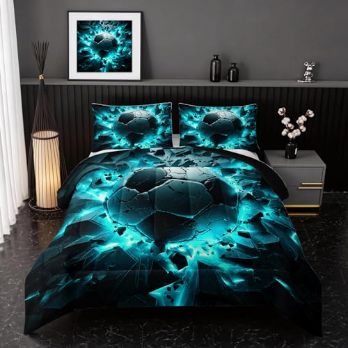 Image of Nttopship Soccer Bedding Comforter Set Full Size for Kids Teens and Adults, Turquoise Black Football Printed Bedding Sets 3 PCS,Ball Sports Themed Bedroom Decor with 1 Comforter and 2 Pillowcases