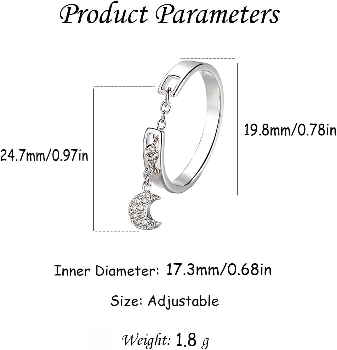 CZ Star Moon Chain Promise Statement Ring for Women Silver Gold-Toned Dainty Crystal Starless Crescent Tassel Dangle Drop Open Wrap Finger Rings Adjustable Comfort Fit Fashion Wedding Jewelry - Image 6