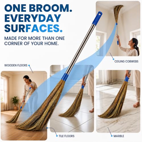 Image of Phool Jhadu | Natural Grass Broom Stick for Home Cleaning | Eco-Friendly Long Handle Jhadu | Anti Dust, Durable for Home,Office (Pack of 2)