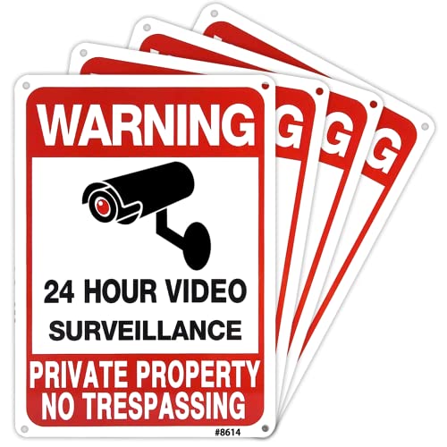 SEHINU 4-Pack Warning No Trespassing Signs Private Property, 10x7 Inch 24 Hour Video Surveillance...