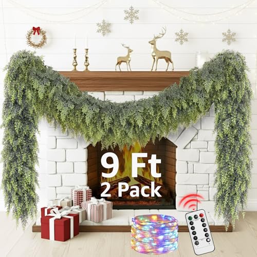 Cedar Christmas Garland with Lights for Mantle - 2 Pack Decorations 9ft Realistic Lighted...