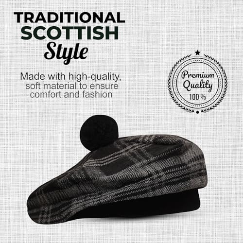 Image of Scottish Tam O' Shanter Hat Tartan Bonnet Pom Pom Wool Flat Cap One Size
