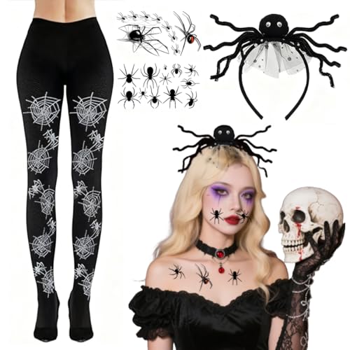 EZOULUOBA Karneval Spinnenkostüm Damen Set: 3D Karneval Spinne Haarreif, Spinnenweben Strumpfhose & Tattoos | Das perfekte Kostüm Spinne Damen Accessoire Set für Karneval, Mottoparty & Fasching