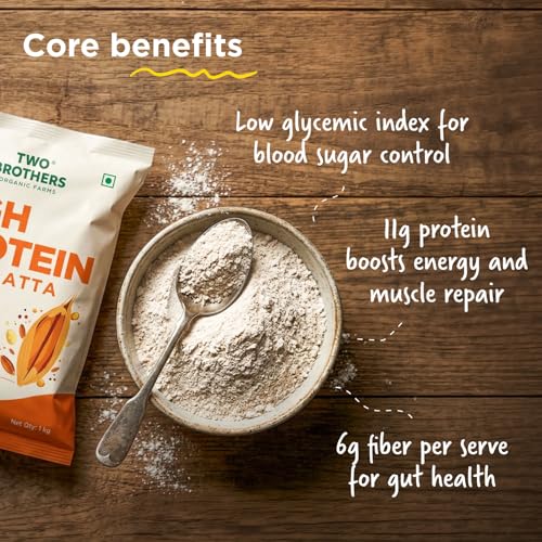 Image of Two Brothers Organic Farms - Khapli Protein Atta (1kg) | Certified Glyphosate-Free | 11g Protein & 6g Fiber Per 2 Rotis | Low GI Emmer Wheat | 2X Protein vs Regular Atta | No Additives | Slow-Milled
