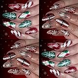 48-teiliges Weihnachts Kunstnägel Set mit Schneeflocken Glitzer, zum Aufdrücken auf Nägel, rot grünes Karo Design für Partys, rot grüne Karos, Fake