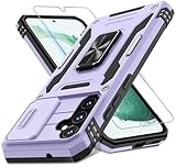 DEERLAMN Case for Samsung Galaxy S23 FE 6.4-Inch with Slide Camera Cover+Screen Protector(1 Pack),Rotated Ring Kickstand Military Grade Shockproof Protective Cover-Light Purple