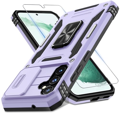 DEERLAMN Case for Samsung Galaxy S23 FE 6.4-Inch with Slide Camera Cover+Screen Protector(1 Pack),Rotated Ring Kickstand Military Grade Shockproof Protective Cover-Light Purple