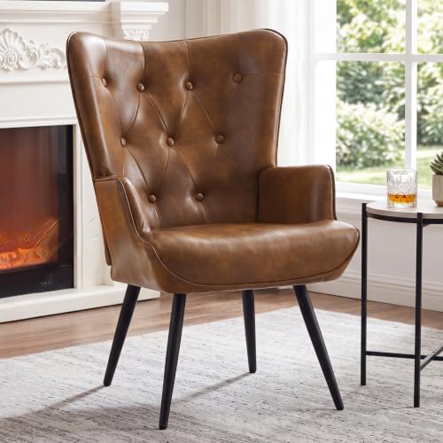 Ckaff Ohrensessel Sessel Wohnzimmer, Skandinavischer Stil Relaxsessel PU-Kunstleder mit Hoher Rückenlehne Loungesessel Polstersessel fürs Wohnzimmer Schlafzimmer Arbeitszimmer Gästezimmer, Braun