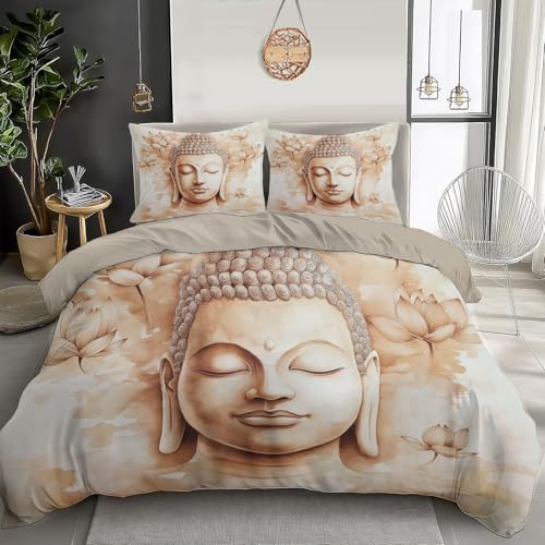 Parure housse de couette bouddha aquarelle beige 2 personnes avec taies d'oreiller 65x65