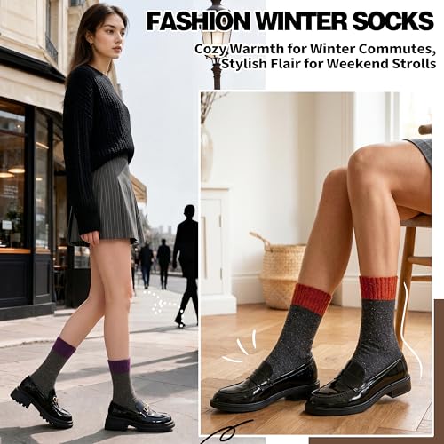 Image of Sandsuced 5 Pack Merino Wool Boot Hiking Socks for Women Warm Winter Thick Thermal Cozy Work Soft Ladies Socks
