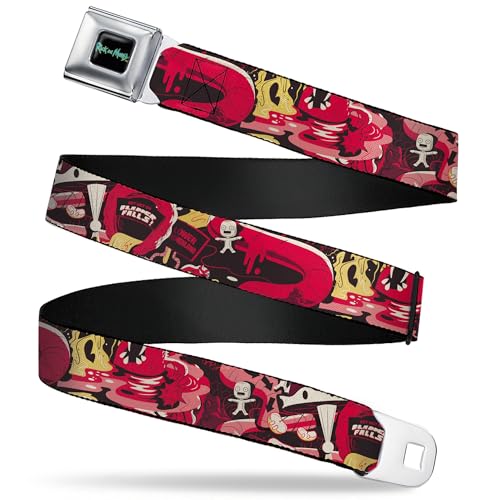 Rick and Morty Belt, Seatbelt Buckle Belt, Rick and Morty Anatomy Park Collage Reds Black, 24 to 38 Inches
