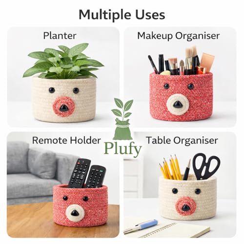 Image of Teddy Eco-Friendly Cotton Rope Basket Set of 2 (6x6 Inch) - Remote Holder for Living Room & Remote stand for Table, Makeup organisers, Jute Planter Basket & Jute Pots for Plants (Red & White)