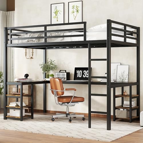 Image of Twin XL Metal Loft Bed with Desk and Shelves, L-Shaped Frame with Ladder and Twin-Length Guardrails, Space-Saving Bed for Bedroom, White