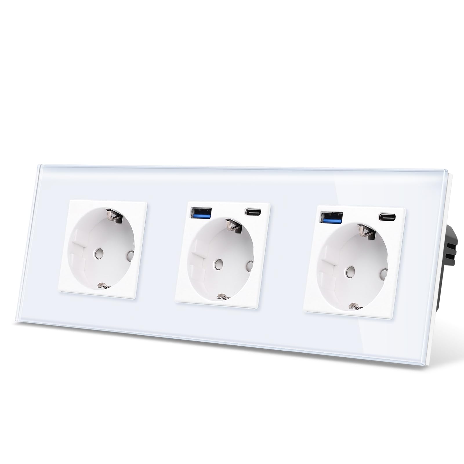 CNBINGO Glas Dreifach Steckdose mit 4 USB Ports, 2× (Typ-C und Typ-A unterstützung 20W Schnellladen) - Schuko Steckdose Unterputz in Weiß - Schutzkontakt Wandsteckdose mit Glasrahmen