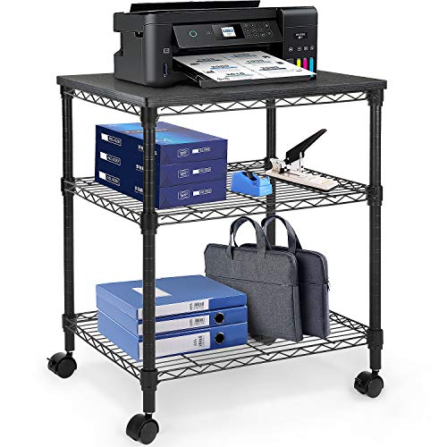 HUANUO Printer Stand - 3 Tier Printer Cart for Storage, Holds up to 200 lbs, Multifunctional Metal Utility Shelves, Workspace Desk Organizer, Rolling Cart for Home & Office Use
