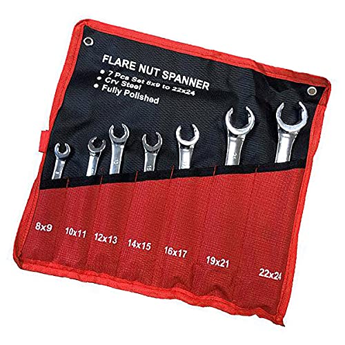 7 Piece Brake and Fuel Pipe Compression Flare Nut Spanners Set 8mm-24mm Chrome Vanadium Steel Wrenches with Tool Storage Roll