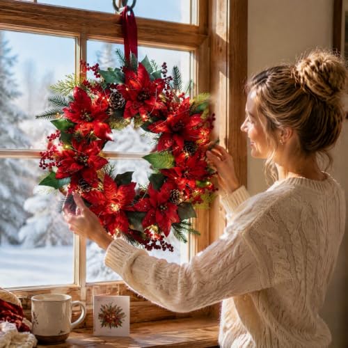Christmas Wreath with Lights 15.7 Inch Real Touch Red Poinsettia Wreath - image 6