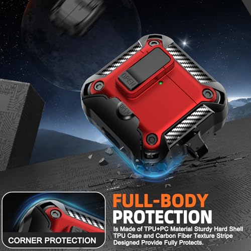 Image of for AirPods 4 Case with Lock & Phone Stand(Red) | Automatic Snap Switch Lock,Carbon Fiber Texture Design Cover with Cleaner Kit
