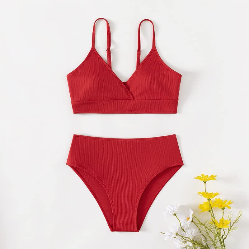 Teen Girls' Swimsuits 2 Piece V-Neck Solid Sport Bikini Set Adjustable Straps High Waist Aesthetic (A-Red, 12-14 Years)2