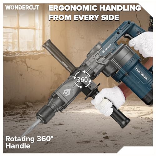 Image of WONDERCUT WC-DHP-008-B Heavy Duty Demolition Hammer with 35mm Cylinder, 100% Copper | 1800W, 3850 BPM, 23J Impact | Includes 2 Pcs 17mm Hex Chisel & Spanner, BMC Box | Professional Use | Blue & Black
