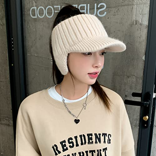 Image of Open Beanie with Earflaps Visor Brim Bun Ponytail Winter Golf Tennis Hats Women