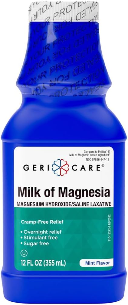 Milk of Magnesia, Magnesium Hydroxide 1200mg| Mint Flavor| Fast Overnight Constipation Relief| Cramp-Free Saline Laxative & Stool Softener| Antacid for Heartburn & Indigestion| 12 Fl Oz