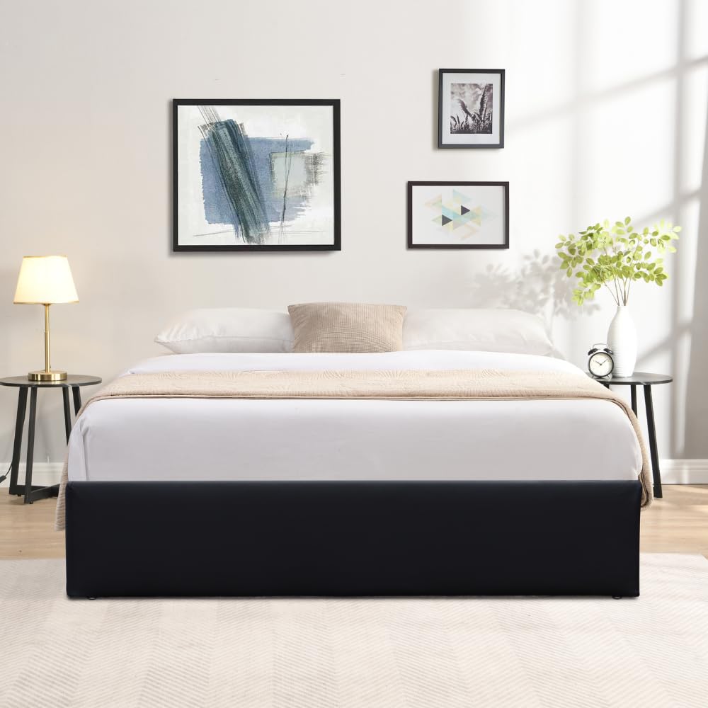King of Dreams Solide Lit Coffre Noir + Pieds pour Matelas 140x190 cm - 12 Lattes - Loris - Montage Rapide et Facile - revetement PVC Simili Facile d'entretien
