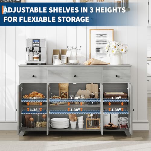 55" Sideboard Buffet Cabinet with Storage, Coffee Bar with Adjustable Shelves, 3 Drawers and 4 Minimalist Doors, Long Storage Cabinet for Kitchen, Dining Room, Living Room- Grey