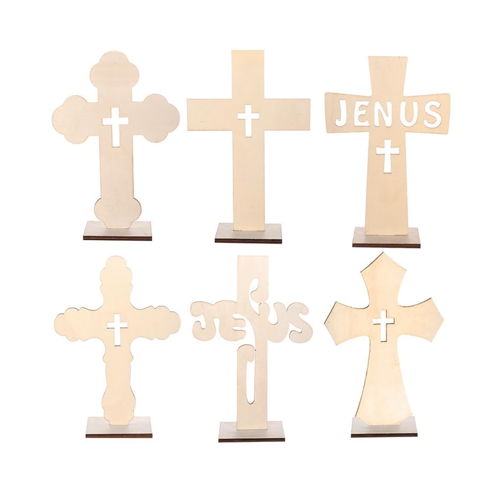 ARFUKA Wooden Cross Small Unpainted Wood Cross Standing Cross First Communion Centerpieces for Tables Tabletop Decor for Church Home Room Decor Pack of 6