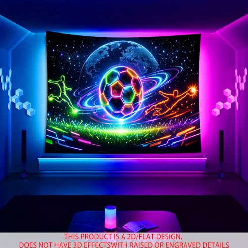 Image of Nuxovilar Neon Soccer Player Wall Tapestry Polyester 78.74x59.05 In | Glow Poster Trippy Wall Art Sports Decor UV Backdrop Bedroom Game Room Dorm Space Room (Soccer Ball Silhouette)