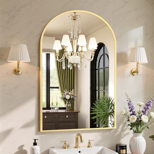 Sweetcrispy 24"x36" Arched Gold Bathroom Mirror Wall Mounted Vani...
