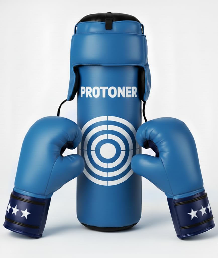 Protoner Kids Punching Bag Set with Gloves, and Head Gear Complete Boxing Training Kit for Children (Blue)