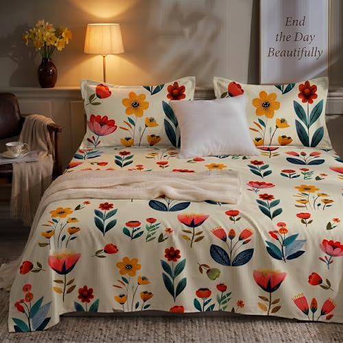Image of BSB HOME 240 TC Cotton Bedsheet with 2 Pillow Covers, Soft Breathable Floral King Size Flat Bed Sheet - 90 x 100 Inches (228 x 254 cm) (Warm Alabaster)