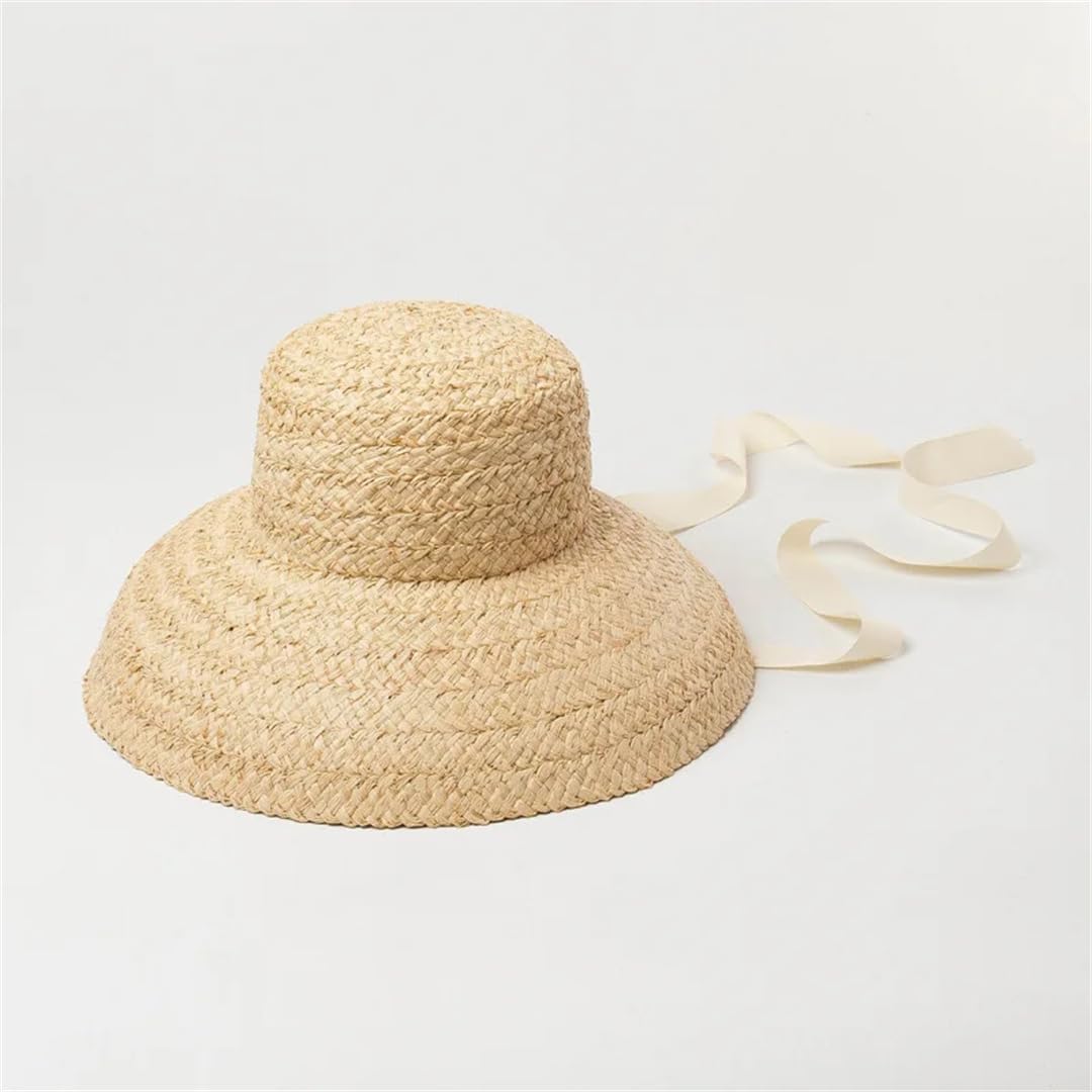Sombrero De Paja Francés Retro para Mujer - Sombrero De Playa De Verano Hecho A Mano con ala Ancha para Protección Solar Al Aire Libre, Diseño Elegante De Base Plana. 11239lace-child One Size