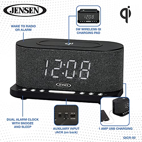 Jensen Qicr-50 (R Qicr-50 Dual Alarm Clock Radio With Wireless Qi(R) Charging 9.70" X 4.40" X 4.10", 9.70In. X 4.40In. X 4.10In., Multicolor, 9.7In. X 4.4In. X 4.1In. #TOP5