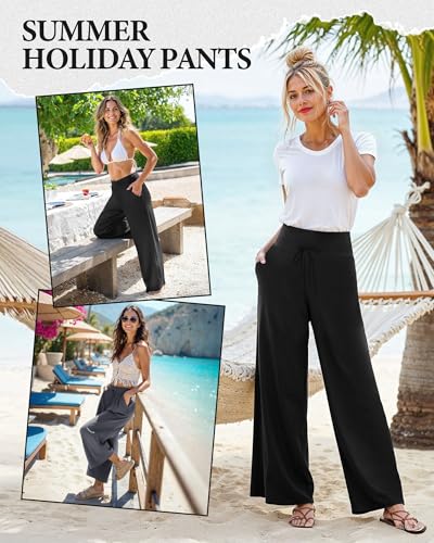 Image of ZOOSIXX Soft Black Pajama Pants for Women, Wide Leg Pants Woman Flowy Comfy Casual Lounge Yoga Capri Pants 22 inch / 30 inch
